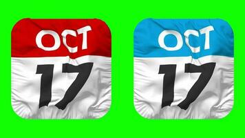 diciassettesimo, 17 ° ottobre Data calendario senza soluzione di continuità looping scudiero stoffa icona, loop pianura tessuto struttura agitando lento movimento, 3d rendering, verde schermo, alfa Opaco video