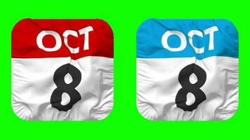 Eighth, 8th October Date Calendar Seamless Looping Squire Cloth Icon, Looped Plain Fabric Texture Waving Slow Motion, 3D Rendering, Green Screen, Alpha Matte video