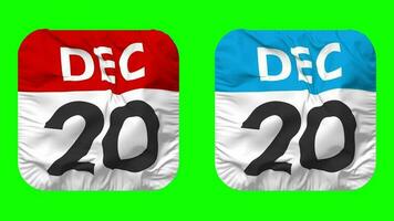 twintigste, 20e december datum kalender naadloos looping schildknaap kleding icoon, lusvormige duidelijk kleding stof structuur golvend langzaam beweging, 3d weergave, groen scherm, alpha matte video