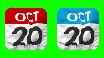 ventesimo, 20 ottobre Data calendario senza soluzione di continuità looping scudiero stoffa icona, loop pianura tessuto struttura agitando lento movimento, 3d rendering, verde schermo, alfa Opaco video