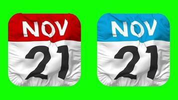 Twenty First, 21st November Date Calendar Seamless Looping Squire Cloth Icon, Looped Plain Fabric Texture Waving Slow Motion, 3D Rendering, Green Screen, Alpha Matte video