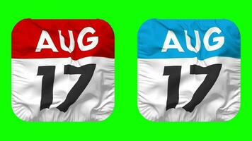 Seventeenth, 17th August Date Calendar Seamless Looping Squire Cloth Icon, Looped Plain Fabric Texture Waving Slow Motion, 3D Rendering, Green Screen, Alpha Matte video