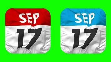 Seventeenth, 17th September Date Calendar Seamless Looping Squire Cloth Icon, Looped Plain Fabric Texture Waving Slow Motion, 3D Rendering, Green Screen, Alpha Matte video