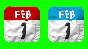 First, 1st February Date Calendar Seamless Looping Squire Cloth Icon, Looped Plain Fabric Texture Waving Slow Motion, 3D Rendering, Green Screen, Alpha Matte video