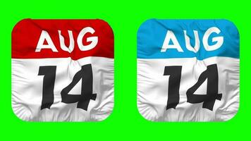 Fourteenth, 14th August Date Calendar Seamless Looping Squire Cloth Icon, Looped Plain Fabric Texture Waving Slow Motion, 3D Rendering, Green Screen, Alpha Matte video