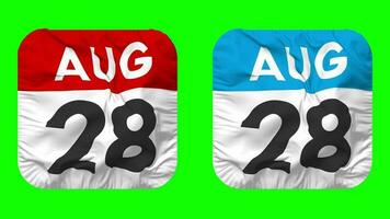 Twenty Eighth, 28th August Date Calendar Seamless Looping Squire Cloth Icon, Looped Plain Fabric Texture Waving Slow Motion, 3D Rendering, Green Screen, Alpha Matte video