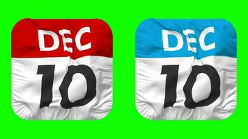 decimo, 10 ° dicembre Data calendario senza soluzione di continuità looping scudiero stoffa icona, loop pianura tessuto struttura agitando lento movimento, 3d rendering, verde schermo, alfa Opaco video