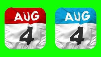 Fourth, 4th August Date Calendar Seamless Looping Squire Cloth Icon, Looped Plain Fabric Texture Waving Slow Motion, 3D Rendering, Green Screen, Alpha Matte video