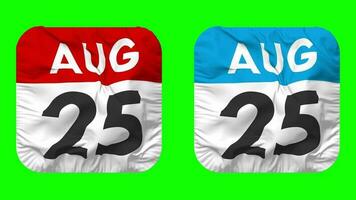 Twenty Fifth, 25th August Date Calendar Seamless Looping Squire Cloth Icon, Looped Plain Fabric Texture Waving Slow Motion, 3D Rendering, Green Screen, Alpha Matte video