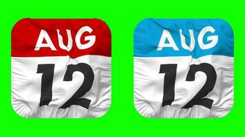 Twelfth, 12th August Date Calendar Seamless Looping Squire Cloth Icon, Looped Plain Fabric Texture Waving Slow Motion, 3D Rendering, Green Screen, Alpha Matte video