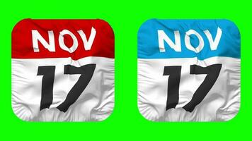 decimoséptimo, 17 noviembre fecha calendario sin costura bucle escudero paño icono, serpenteado llanura tela textura ondulación lento movimiento, 3d representación, verde pantalla, alfa mate video