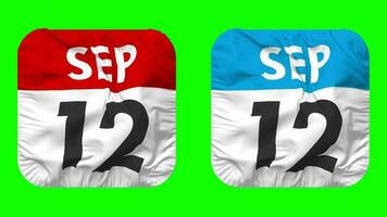 Twelfth, 12th September Date Calendar Seamless Looping Squire Cloth Icon, Looped Plain Fabric Texture Waving Slow Motion, 3D Rendering, Green Screen, Alpha Matte video