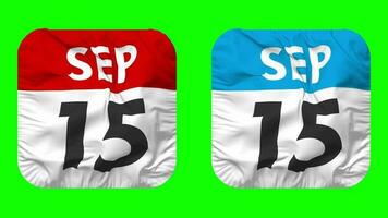 Fifteenth, 15th September Date Calendar Seamless Looping Squire Cloth Icon, Looped Plain Fabric Texture Waving Slow Motion, 3D Rendering, Green Screen, Alpha Matte video