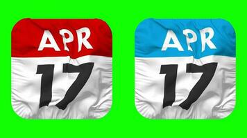 Seventeenth, 17th April Date Calendar Seamless Looping Squire Cloth Icon, Looped Plain Fabric Texture Waving Slow Motion, 3D Rendering, Green Screen, Alpha Matte video