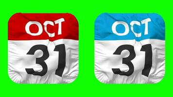 trenta primo, 31st ottobre Data calendario senza soluzione di continuità looping scudiero stoffa icona, loop pianura tessuto struttura agitando lento movimento, 3d rendering, verde schermo, alfa Opaco video