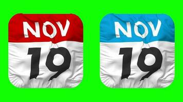 Nineteenth, 19th November Date Calendar Seamless Looping Squire Cloth Icon, Looped Plain Fabric Texture Waving Slow Motion, 3D Rendering, Green Screen, Alpha Matte video