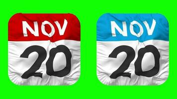 twintigste, 20e november datum kalender naadloos looping schildknaap kleding icoon, lusvormige duidelijk kleding stof structuur golvend langzaam beweging, 3d weergave, groen scherm, alpha matte video