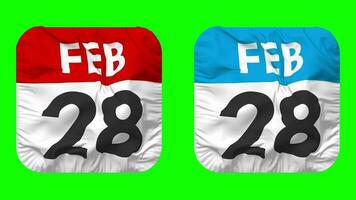 zwanzig achte, 28 .. Februar Datum Kalender nahtlos Schleifen Knappe Stoff Symbol, geloopt einfach Stoff Textur winken schleppend Bewegung, 3d Wiedergabe, Grün Bildschirm, Alpha matt video