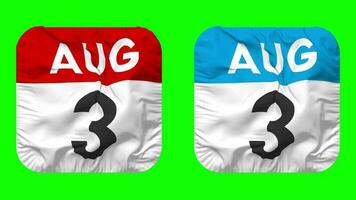 Third, 3rd August Date Calendar Seamless Looping Squire Cloth Icon, Looped Plain Fabric Texture Waving Slow Motion, 3D Rendering, Green Screen, Alpha Matte video