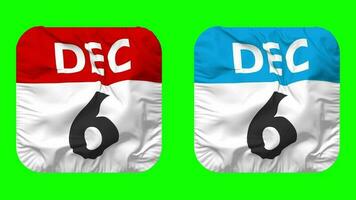 Sixth, 6th December Date Calendar Seamless Looping Squire Cloth Icon, Looped Plain Fabric Texture Waving Slow Motion, 3D Rendering, Green Screen, Alpha Matte video