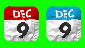 Ninth, 9th December Date Calendar Seamless Looping Squire Cloth Icon, Looped Plain Fabric Texture Waving Slow Motion, 3D Rendering, Green Screen, Alpha Matte video