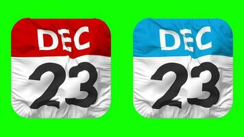 twintig derde, 23e december datum kalender naadloos looping schildknaap kleding icoon, lusvormige duidelijk kleding stof structuur golvend langzaam beweging, 3d weergave, groen scherm, alpha matte video