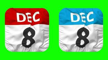 Eighth, 8th December Date Calendar Seamless Looping Squire Cloth Icon, Looped Plain Fabric Texture Waving Slow Motion, 3D Rendering, Green Screen, Alpha Matte video