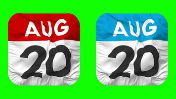 Twentieth, 20th August Date Calendar Seamless Looping Squire Cloth Icon, Looped Plain Fabric Texture Waving Slow Motion, 3D Rendering, Green Screen, Alpha Matte video