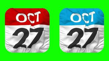 twintig zevende, 27e oktober datum kalender naadloos looping schildknaap kleding icoon, lusvormige duidelijk kleding stof structuur golvend langzaam beweging, 3d weergave, groen scherm, alpha matte video