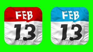 Thirteenth, 13th February Date Calendar Seamless Looping Squire Cloth Icon, Looped Plain Fabric Texture Waving Slow Motion, 3D Rendering, Green Screen, Alpha Matte video