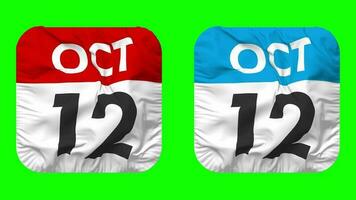 douzième, 12e octobre Date calendrier sans couture boucle écuyer tissu icône, en boucle plaine en tissu texture agitant lent mouvement, 3d le rendu, vert filtrer, alpha mat video