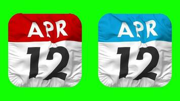 twaalfde, 12e april datum kalender naadloos looping schildknaap kleding icoon, lusvormige duidelijk kleding stof structuur golvend langzaam beweging, 3d weergave, groen scherm, alpha matte video