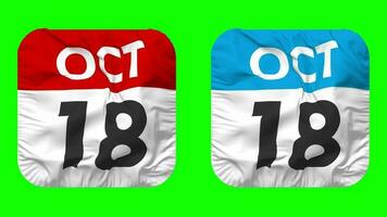 decimoctavo, 18 octubre fecha calendario sin costura bucle escudero paño icono, serpenteado llanura tela textura ondulación lento movimiento, 3d representación, verde pantalla, alfa mate video