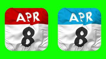 Eighth, 8th April Date Calendar Seamless Looping Squire Cloth Icon, Looped Plain Fabric Texture Waving Slow Motion, 3D Rendering, Green Screen, Alpha Matte video