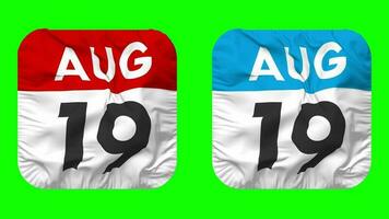 Nineteenth, 19th August Date Calendar Seamless Looping Squire Cloth Icon, Looped Plain Fabric Texture Waving Slow Motion, 3D Rendering, Green Screen, Alpha Matte video