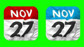 Twenty Seventh, 27th November Date Calendar Seamless Looping Squire Cloth Icon, Looped Plain Fabric Texture Waving Slow Motion, 3D Rendering, Green Screen, Alpha Matte video