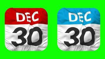 Thirtieth, 30th December Date Calendar Seamless Looping Squire Cloth Icon, Looped Plain Fabric Texture Waving Slow Motion, 3D Rendering, Green Screen, Alpha Matte video