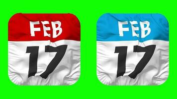 Seventeenth, 17th February Date Calendar Seamless Looping Squire Cloth Icon, Looped Plain Fabric Texture Waving Slow Motion, 3D Rendering, Green Screen, Alpha Matte video