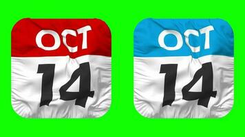 quattordicesimo, 14 ottobre Data calendario senza soluzione di continuità looping scudiero stoffa icona, loop pianura tessuto struttura agitando lento movimento, 3d rendering, verde schermo, alfa Opaco video