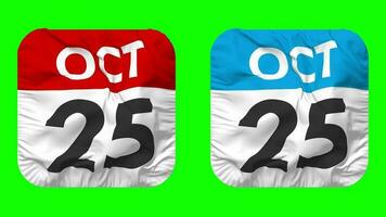 veinte quinto, 25 octubre fecha calendario sin costura bucle escudero paño icono, serpenteado llanura tela textura ondulación lento movimiento, 3d representación, verde pantalla, alfa mate video