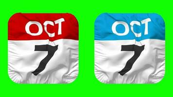 zevende, 7e oktober datum kalender naadloos looping schildknaap kleding icoon, lusvormige duidelijk kleding stof structuur golvend langzaam beweging, 3d weergave, groen scherm, alpha matte video