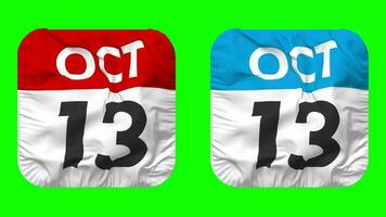 decimotercero, 13 octubre fecha calendario sin costura bucle escudero paño icono, serpenteado llanura tela textura ondulación lento movimiento, 3d representación, verde pantalla, alfa mate video