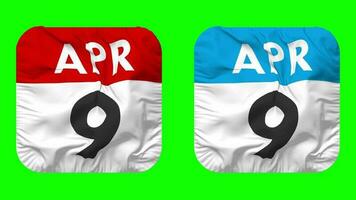 Ninth, 9th April Date Calendar Seamless Looping Squire Cloth Icon, Looped Plain Fabric Texture Waving Slow Motion, 3D Rendering, Green Screen, Alpha Matte video