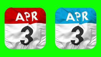 Third, 3rd April Date Calendar Seamless Looping Squire Cloth Icon, Looped Plain Fabric Texture Waving Slow Motion, 3D Rendering, Green Screen, Alpha Matte video
