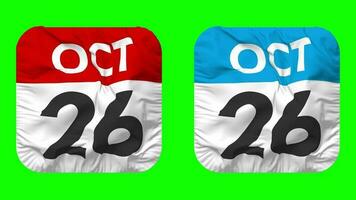 veinte sexto, 26 octubre fecha calendario sin costura bucle escudero paño icono, serpenteado llanura tela textura ondulación lento movimiento, 3d representación, verde pantalla, alfa mate video