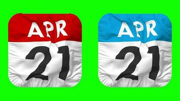 Twenty First, 21st April Date Calendar Seamless Looping Squire Cloth Icon, Looped Plain Fabric Texture Waving Slow Motion, 3D Rendering, Green Screen, Alpha Matte video