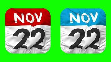 Twenty Second, 22nd November Date Calendar Seamless Looping Squire Cloth Icon, Looped Plain Fabric Texture Waving Slow Motion, 3D Rendering, Green Screen, Alpha Matte video