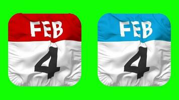 Fourth, 4th February Date Calendar Seamless Looping Squire Cloth Icon, Looped Plain Fabric Texture Waving Slow Motion, 3D Rendering, Green Screen, Alpha Matte video