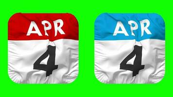 Fourth, 4th April Date Calendar Seamless Looping Squire Cloth Icon, Looped Plain Fabric Texture Waving Slow Motion, 3D Rendering, Green Screen, Alpha Matte video