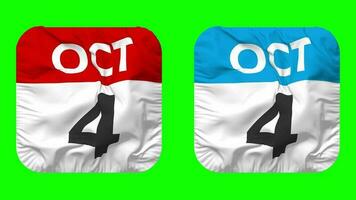 Fourth, 4th October Date Calendar Seamless Looping Squire Cloth Icon, Looped Plain Fabric Texture Waving Slow Motion, 3D Rendering, Green Screen, Alpha Matte video
